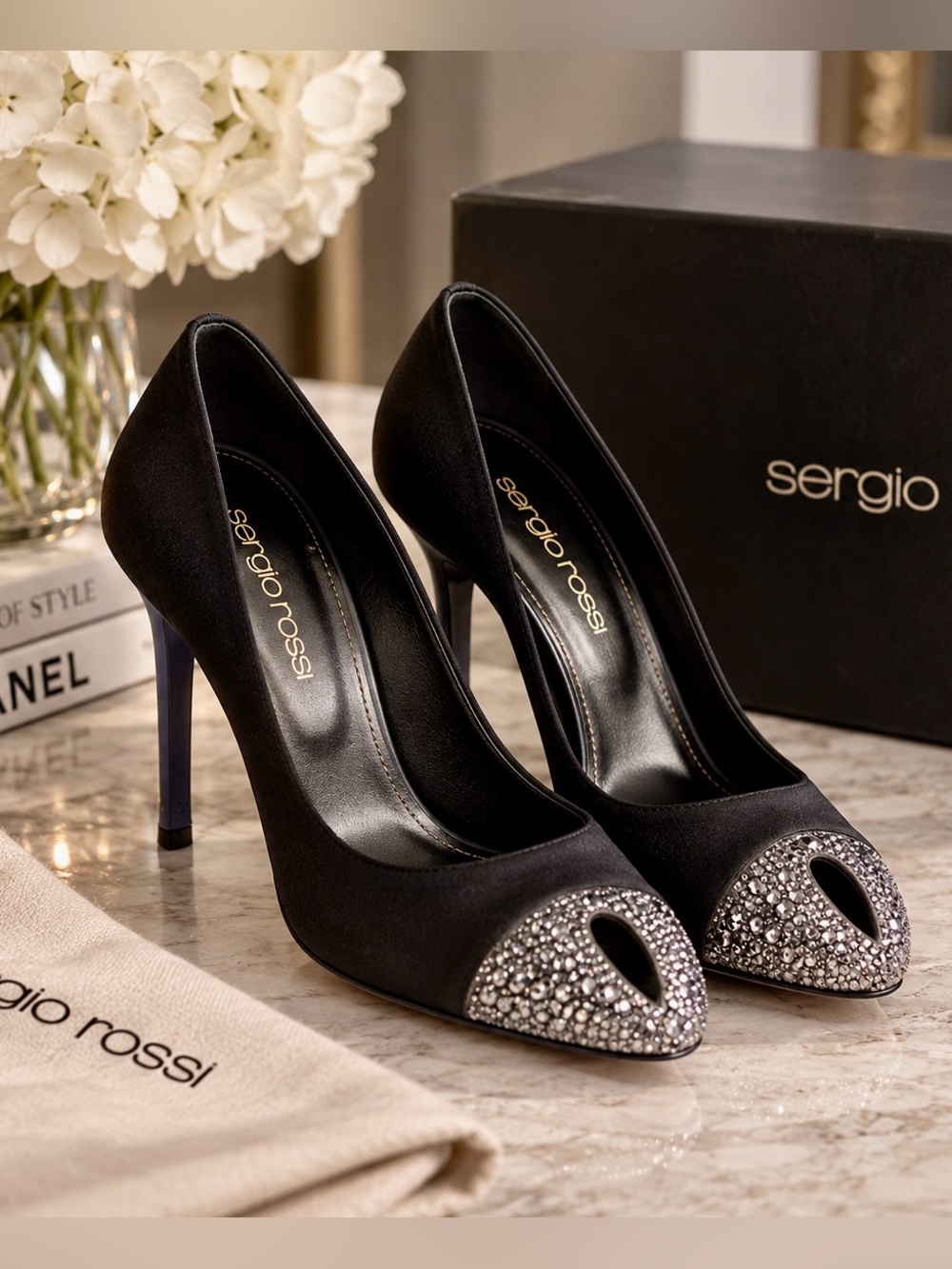 Sergio Rossi Black Satin Crystal Embellished Peep Toe Pumps Heels EU 40 US 9